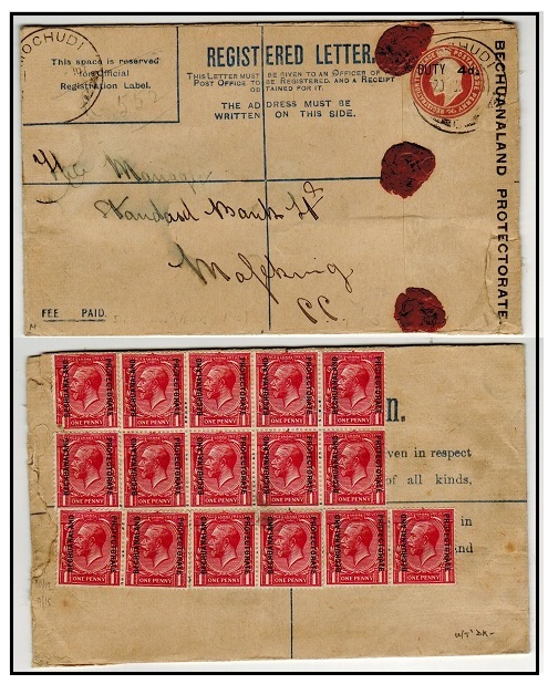 BECHUANALAND - 1907 4d on 2d+1d brown uprated RPSE to Mafeking used at MOCHUDI.  H&G 9a.