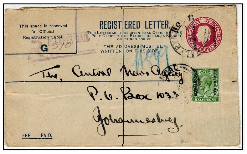 BECHUANALAND - 1925 3d + 1 1/2d red-violet uprated RPSE used at PALAPYE RAIL.  H&G 16.
