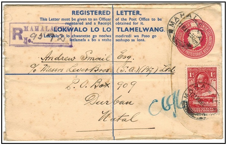 BECHUANALAND - 1932 4d carmine uprated RPSE to Natal (faults) used at MAHALAPYE.  H&G 17.