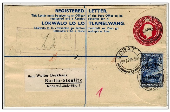 BECHUANALAND - 1932 4d carmine-rose uprated RPSE to Germany used at LOBATSI.  H&G 17.