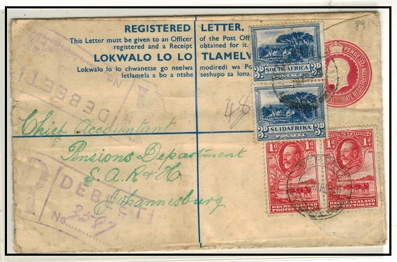 BECHUANALAND - 1932 4d carmine rose uprated RPSE to Johannesburg used at DEBEETI.  H&G 17.