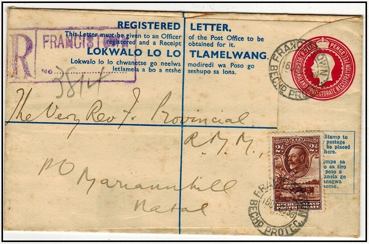 BECHUANALAND - 1932 4d carmine rose uprated RPSE to Natal used at FRANCISTOWN.  H&G 17.