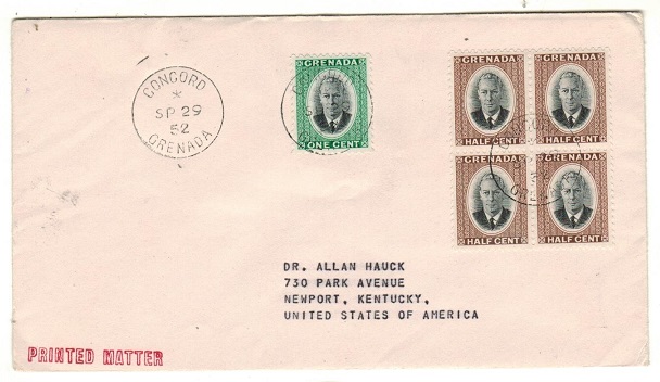 GRENADA - 1952 3c rate cover to USA used at CONCORD.