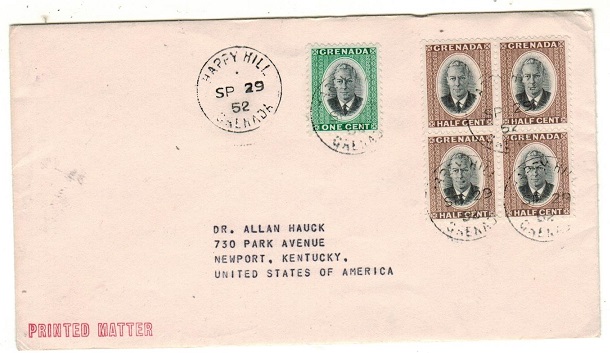 GRENADA - 1952 3c rate cover to USA used at HAPPY HILL.