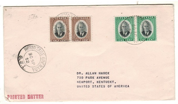 GRENADA - 1952 3c rate cover to USA used at HERMITAGE.