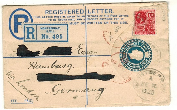 MONTSERRAT - 1920 2d blue RPSE of Leeward Islands uprated to Germany.  H&G 4a.