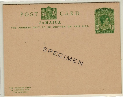 JAMAICA - 1938 1/2d + 1/2d green PSRC unused with SPECIMEN h/s.  H&G 32.