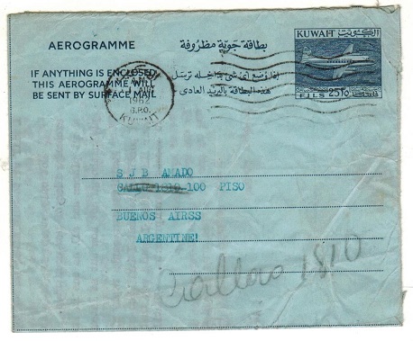 KUWAIT - 1961 25f blue postal stationery aerogramme genuinely used to Argentina.  H&G 11.
