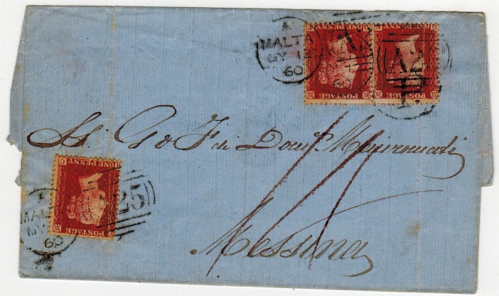MALTA - 1860 1d red (x3) on outer wrapper to Italy.