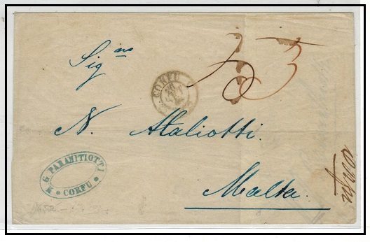 IONION ISLANDS (Corfu) - 1852 outer wrapper to Malta used at CORFU.