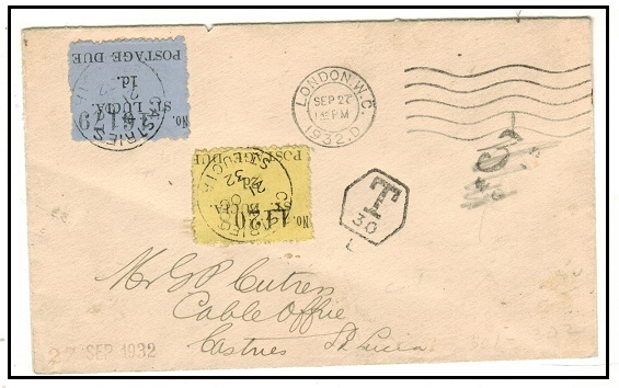 ST.LUCIA - 1932 inward (Panton) postage due cover from UK bearing 1d and 2d (SG D1+D2).