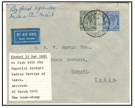 K.U.T. - 1931 80c rate first flight cover via Imperial Airways to India. 