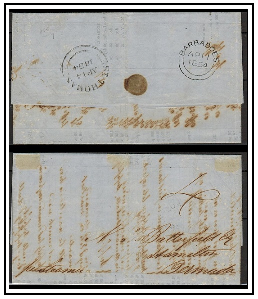 BARBADOS - 1854 inter-island entire to Bermuda with double arc BARBADOS handstamp.