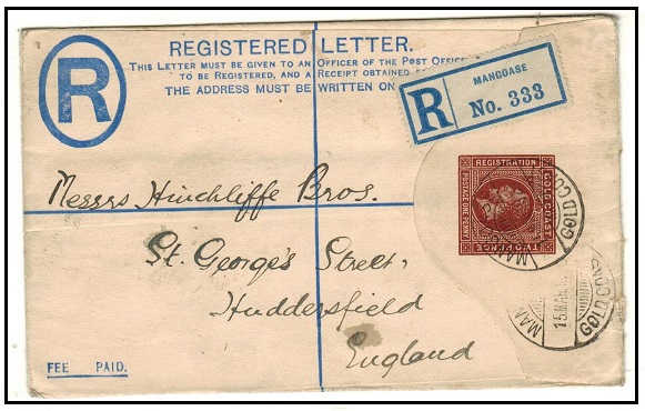 GOLD COAST - 1915 2d+1d brown RPSE to UK used at MANGOASE.  H&G 9a.