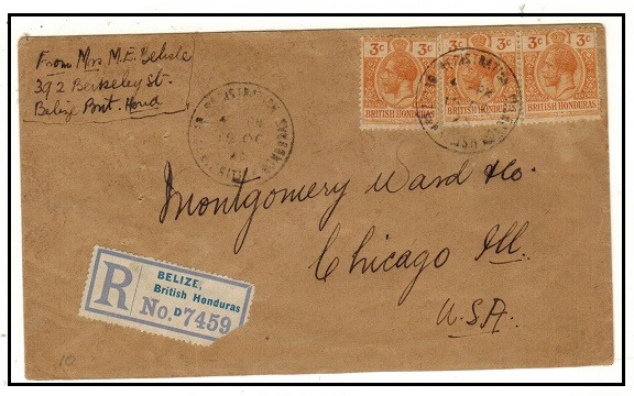 BRITISH HONDURAS - 1925 9c rate registered cover to USA.