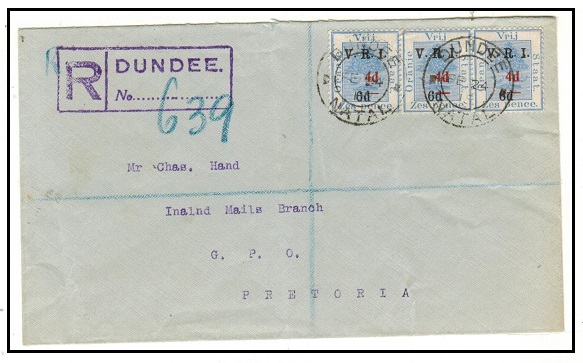 SOUTH AFRICA - 1915 4d on 6d/6d ORC surcharge strip of three on registered cover used at DUNDEE.