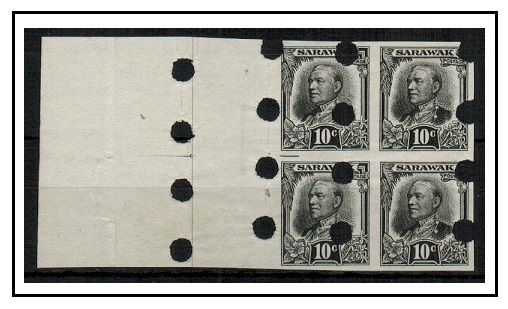 SARAWAK - 1932 10c IMPERFORATE PLATE PROOF block of four in black with security punches.