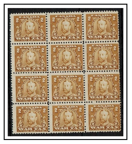 CANADA - 1915 2c orange brown WAR TAX adhesive in mint block of 12. 