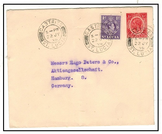 ST.LUCIA - 1936 1 1/2d red PSE uprated to Germany.  H&G 3.