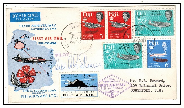 FIJI - 1968 first flight cover to UK pilot signed.