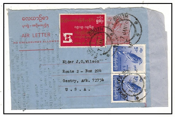 BURMA - 1970 use of 15p red postal stationery air letter uprated to USA.