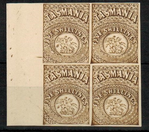 TASMANIA - 1879 5/- POSTAL FISCAL block of four REPRINT in brown.