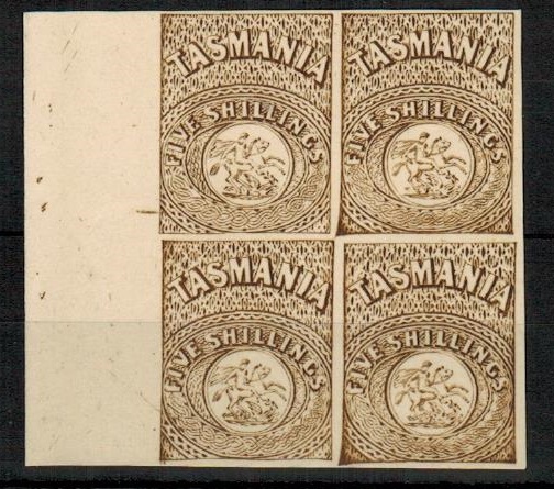 TASMANIA - 1879 5/- POSTAL FISCAL block of four REPRINT in brown.