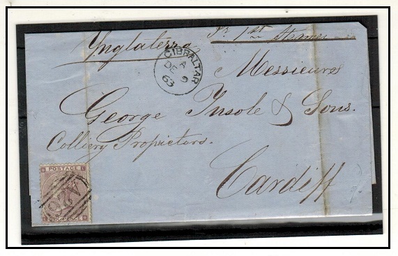 GIBRALTAR - 1863 GB 6d lilac used on entire to UK by 