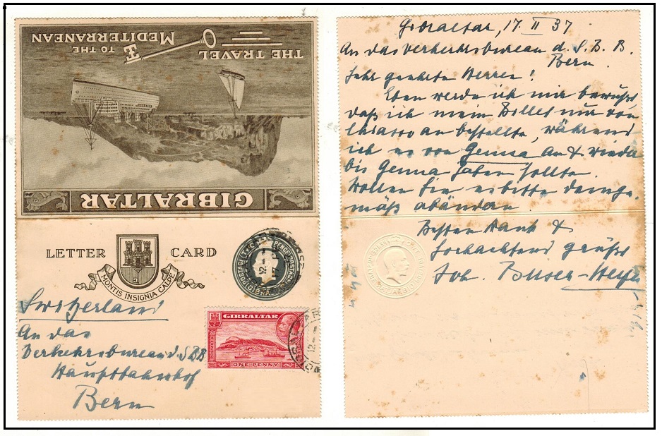GIBRALTAR - 1933 2d postal stationery letter card uprated to Switzerland.  H&G 1.