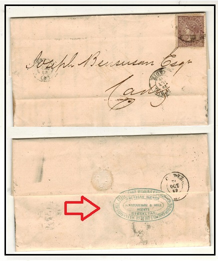 GIBRALTAR - 1869 (Spanish Stamp Period) 50m rate cover to Cadiz from San Roque.