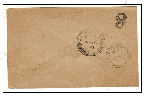 SINGAPORE - 1911 inward unstamped cover from India with SINGAPORE arrival and 