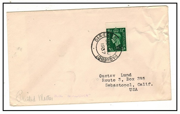 K.U.T. - 1937 GB 1/2d green use on cover to USA struck DAR-ES-SALAAM/PAQUEBOT.