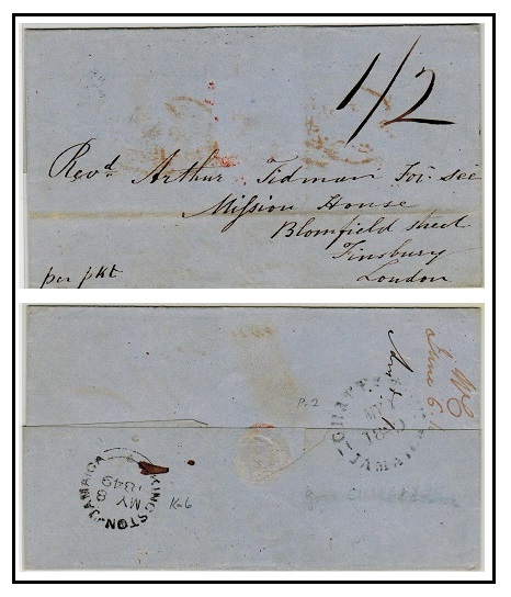 JAMAICA - 1849 stampless entire to UK used at CHAPELTON/JAMAICA.