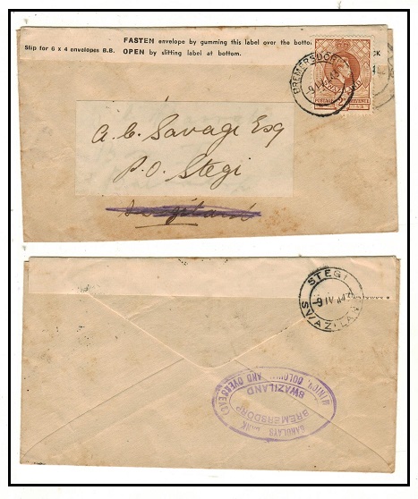 SWAZILAND - 1943 2d rate local cover with 