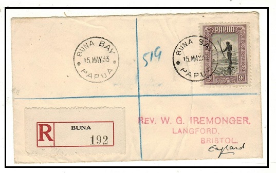 PAPUA - 1933 9d registered rate cover to UK used at BUNA BAY.
