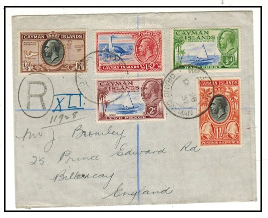 CAYMAN ISLANDS - 1937 multi franked registered cover to UK used at WEST BAY/GRAND CAYMAN.