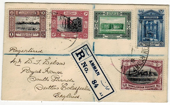 TRANSJORDAN - 1933 multi franked registered cover to UK bearing pictorial issues used at AMMAN.