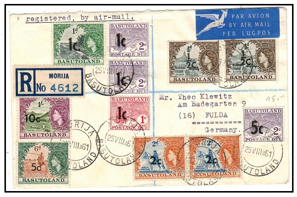 BASUTOLAND - 1961 surcharge and postage due combination registered cover to Germany.