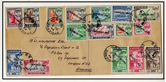 ZANZIBAR - 1964 2c to 20/- (SG 394-409) series handstamped JAMHURI 1964 on registered cover.