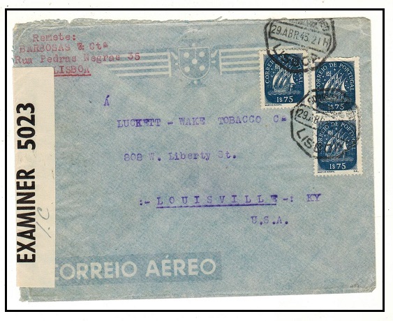 BERMUDA - 1943 Portugal to USA held 