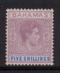 BAHAMAS - 1938 5/- lilac and blue. Fine mint.  SG 156.