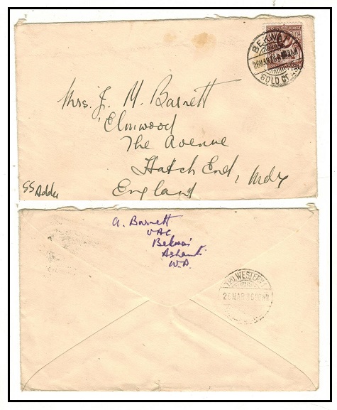 GOLD COAST - 1936 1d rate cover to UK used at BEKWAI with TPO.WESTERN 1 b/s.