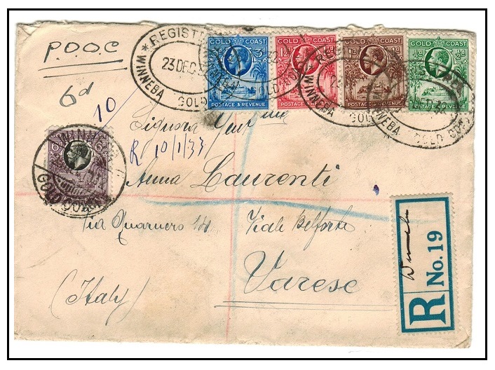 GOLD COAST - 1932 registered multi franked cover to Italy used at WINNEBA.