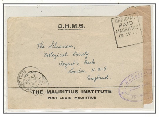 MAURITIUS - 1949 OHMS label to UK cancelled 