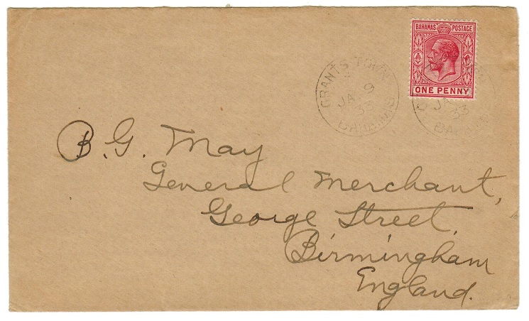 BAHAMAS - 1933 1d rate cover to UK from GRANTS TOWN.