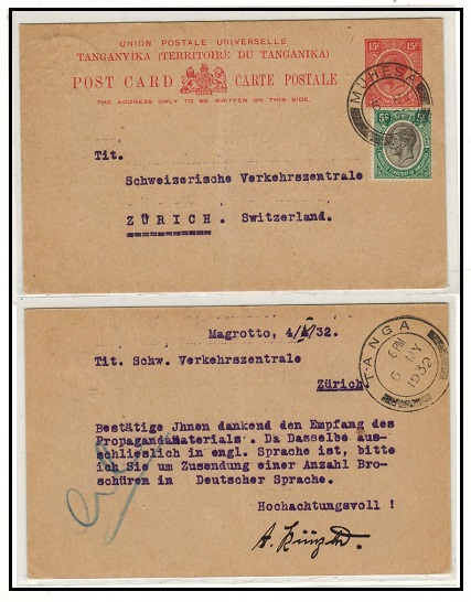 TANGANYIKA - 1927 15c red PSC uprated to Switzerland with 5c adhesive at MUHESA.  H&G 3.