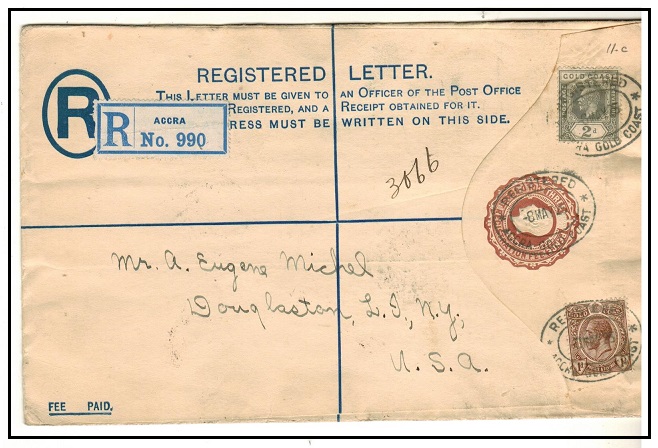 GOLD COAST - 1924 3d brown RPSE (size H) addressed to USA uprated at ACCRA.  H&G 11e.