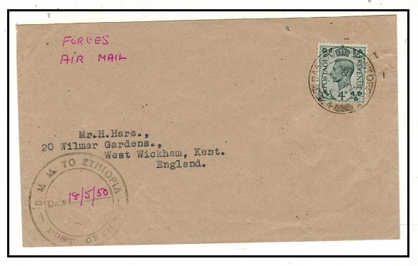 B.O.F.I.C. (Ethiopia) - 1950 4d GB used on cover to UK at BASE P.O./4 used in Ethiopia.