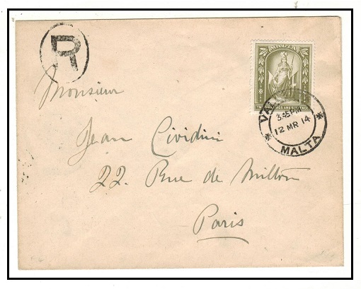 MALTA - 1914 2/6d rate registered cover to France used at VALLETTA.