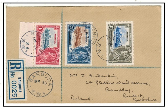 BARBUDA - 1935 registered cover to UK with Antigua 